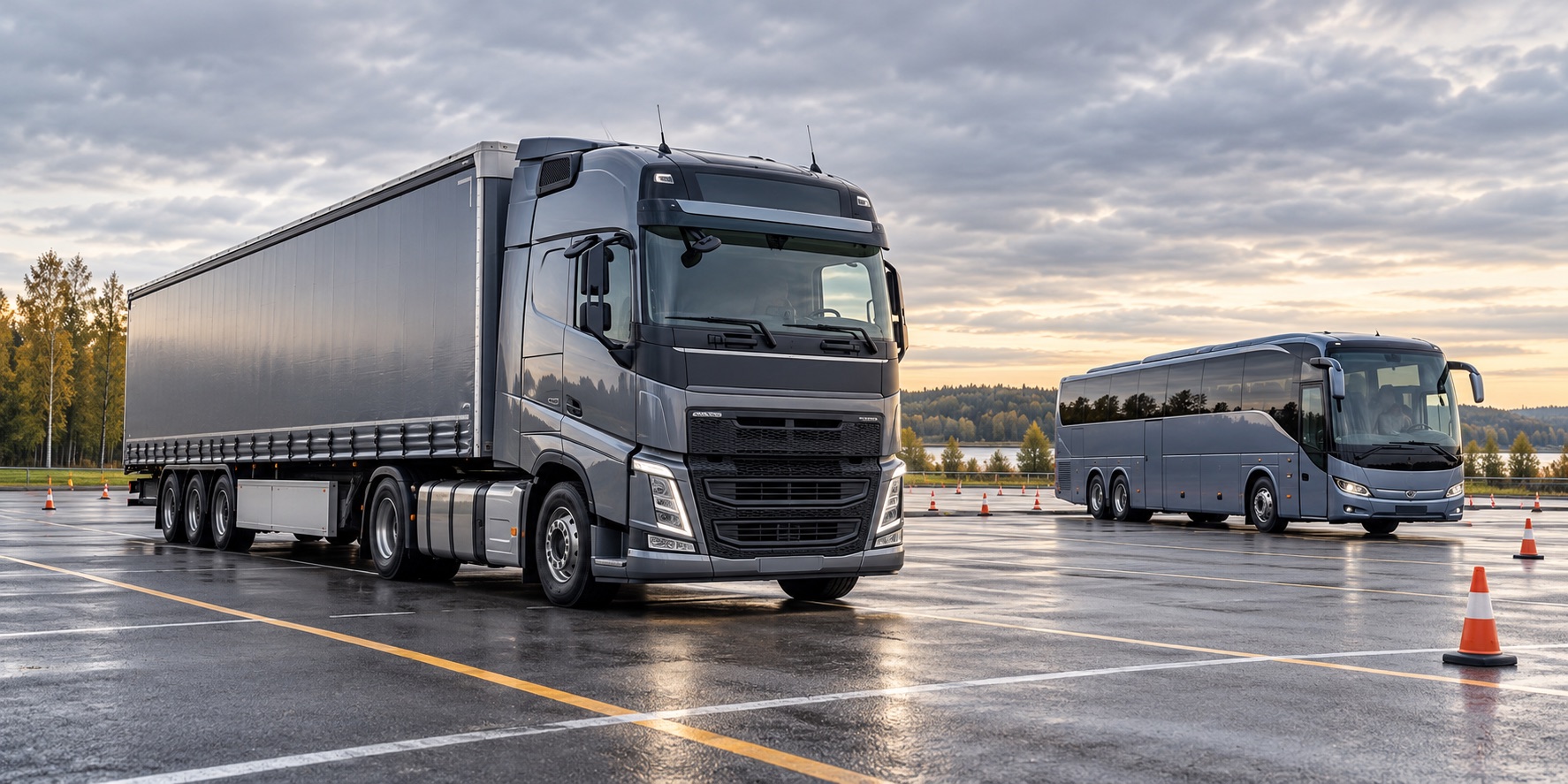 A truck and a bus — vehicles for transporting goods and passengers
